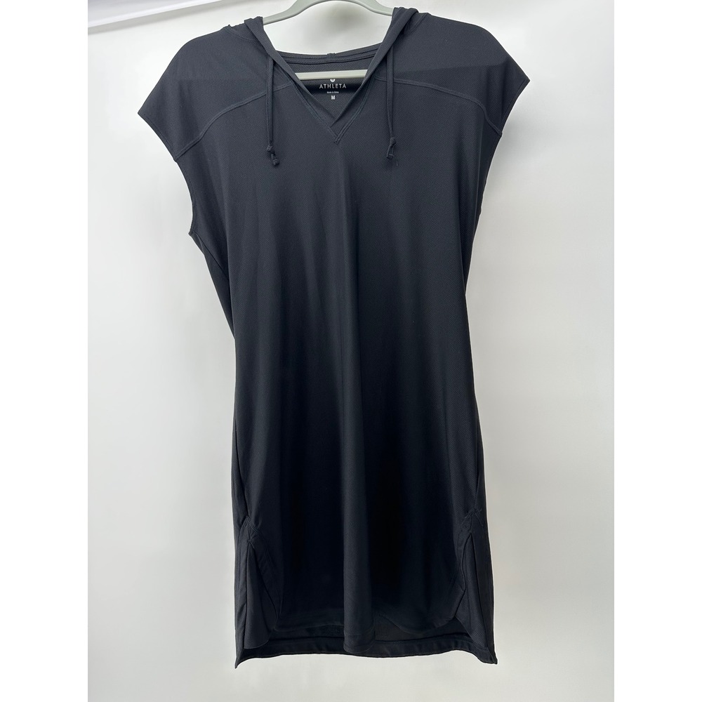 Athleta Black Hooded Cap Sleeve Athleisure Mini Dress Cover Up Womens Medium